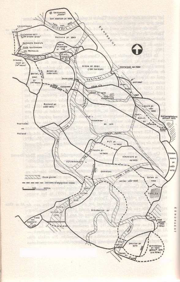 Het gebied van Oud-Vossemeer/Tholen en de oude
geulen.